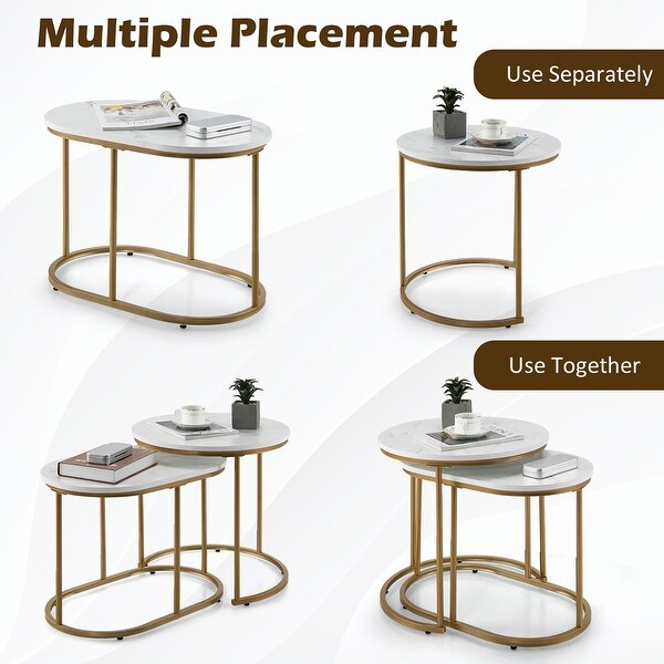 Costway Nesting Coffee Table Modern Set of 2 Marble Coffee Side Table