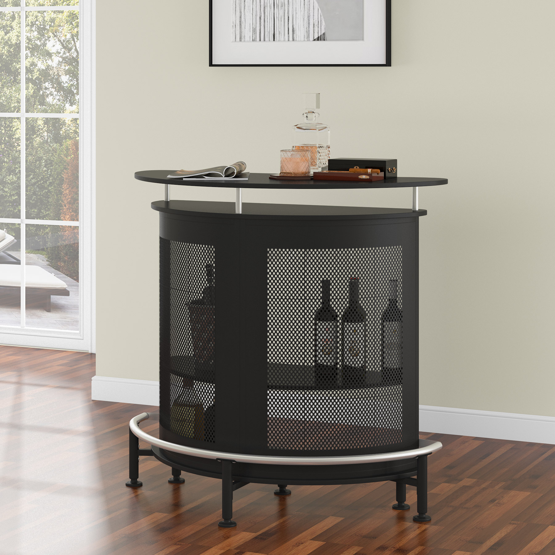 Tribesigns Bar Unit with Metal Mesh Front， Modern Home Liquor Bar Table with Wine Glass Holders Storage and Footrest， Ideal for Home/Kitchen/Bar/Pub