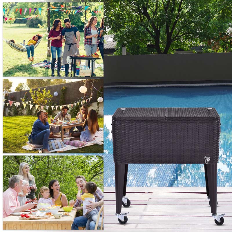 80 QT Rattan Outdoor Patio Rolling Beverage Wine Cooler Cart Portable Bar Cart with Bottle Opener & Cap Catcher