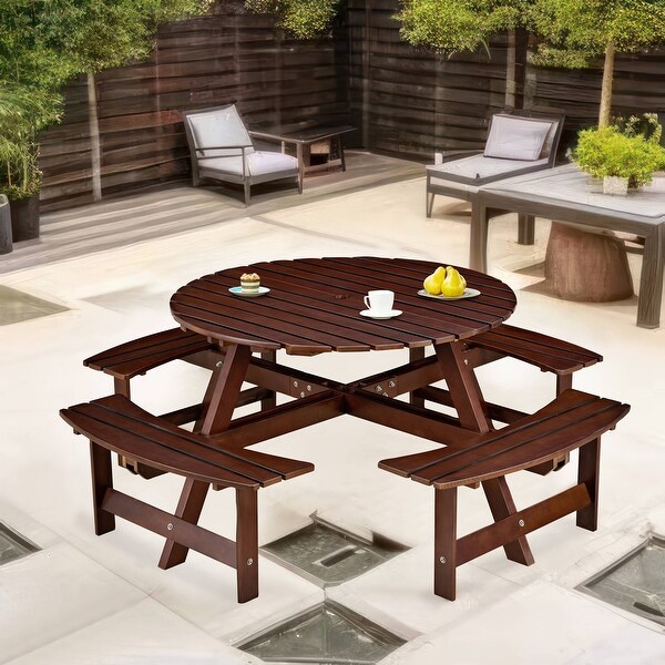 Outdoor 8 Person Picnic Table，8 person Round Picnic Table with 4 Builtin Benches，Umbrella Hole