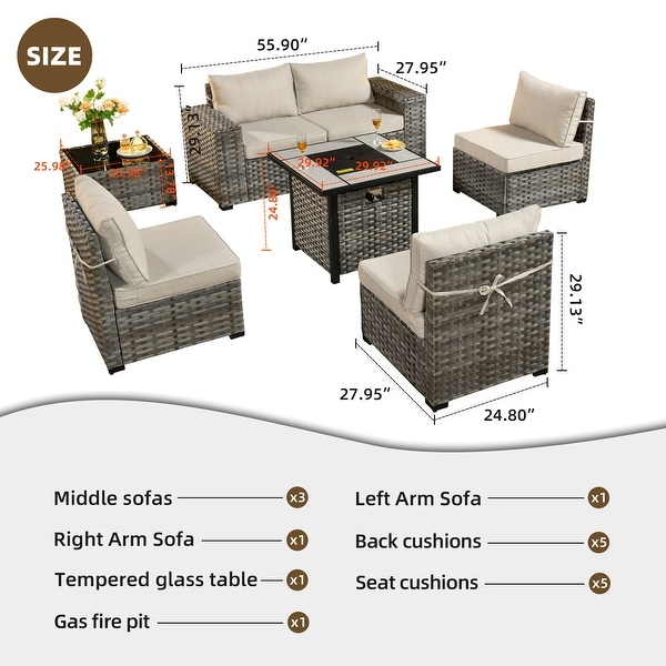 OVIOS Patio Wicker Furniture Wide Arm 7piece Fire Pit Set with Table