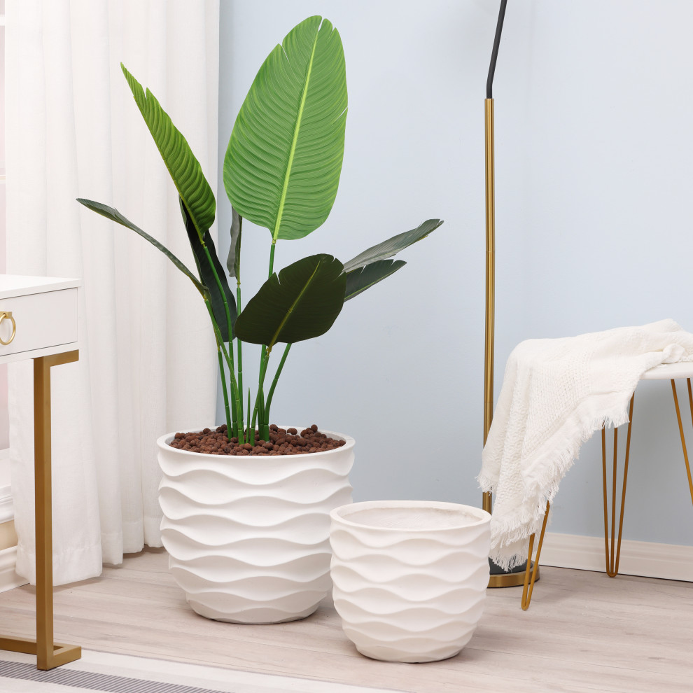 2 Piece White Waves Design MgO Planters   Beach Style   Outdoor Pots And Planters   by Winsome House Inc.  Houzz