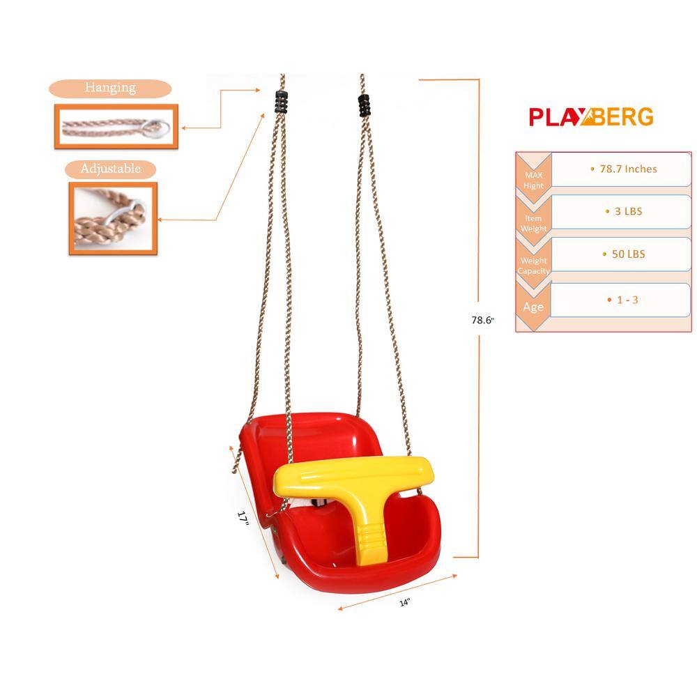 PLAYBERG Red Plastic Baby and Toddler Swing Seat with Hanging Ropes QI003371