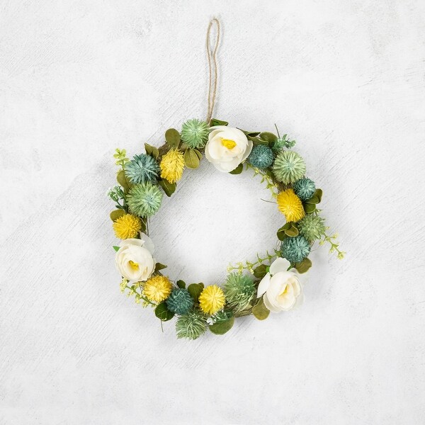 9 Cream Rose，Green and Yellow Thistle Hanging Spring Wreath