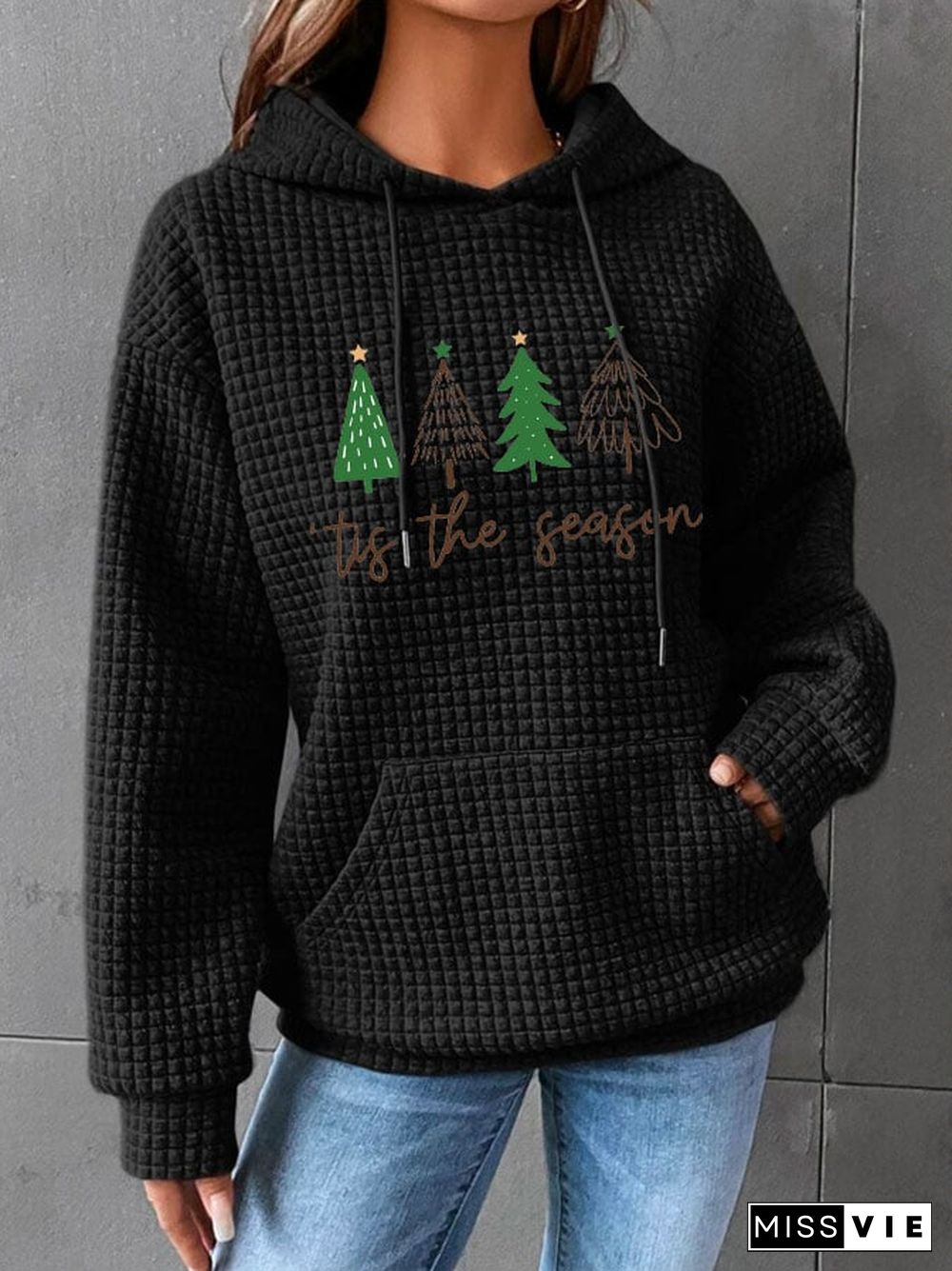 Women's Christmas Tree 'Tis The Season' Print Waffle Hoodie