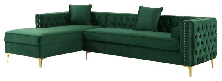 Levi Sofas Hunter Green Velvet 70L x 115W x 30H Gold Nailhead Trim Button Tufted   Midcentury   Sectional Sofas   by Homesquare  Houzz