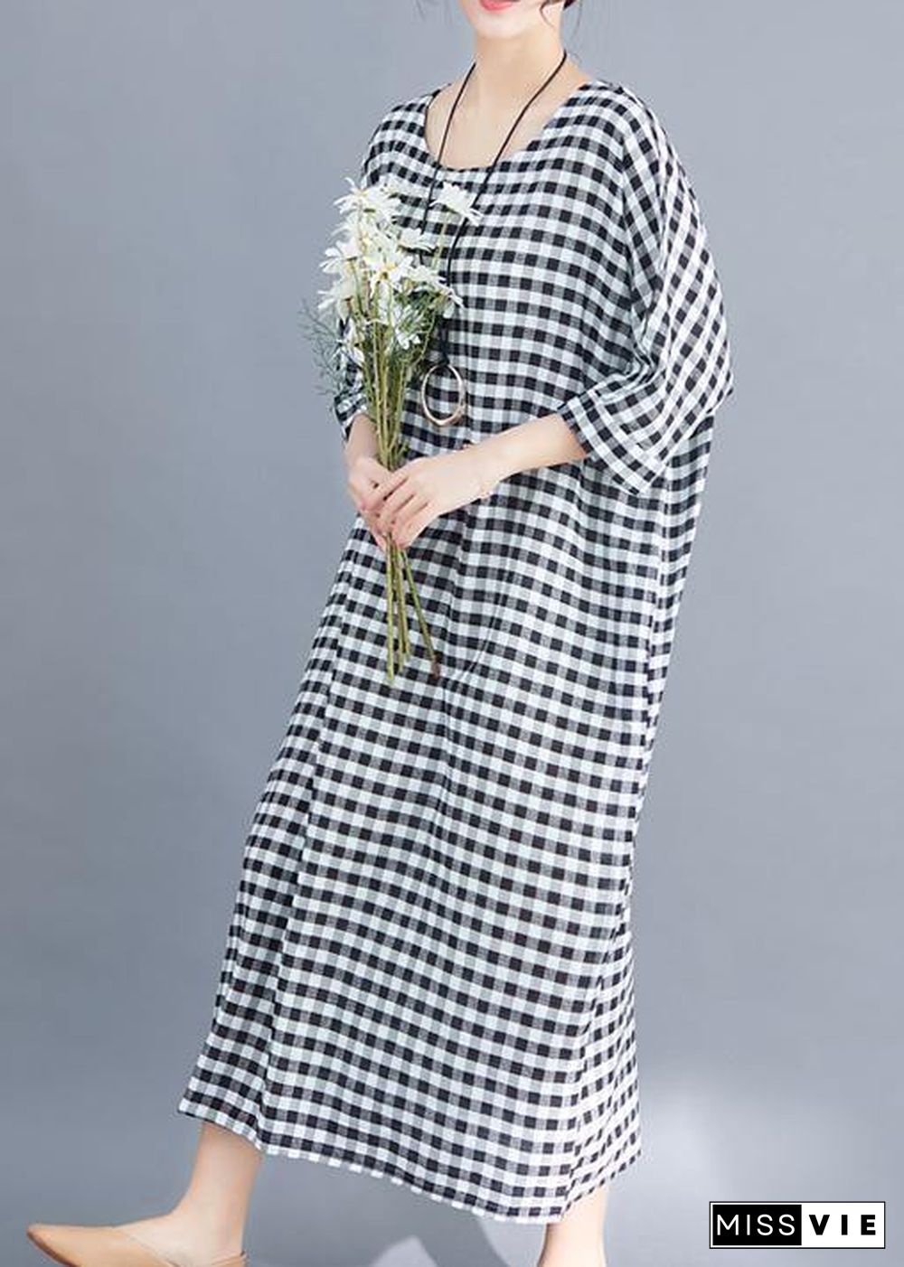 Women o neck linen cotton Robes Shirts gray white plaid Plus Size Clothing Dresses summer