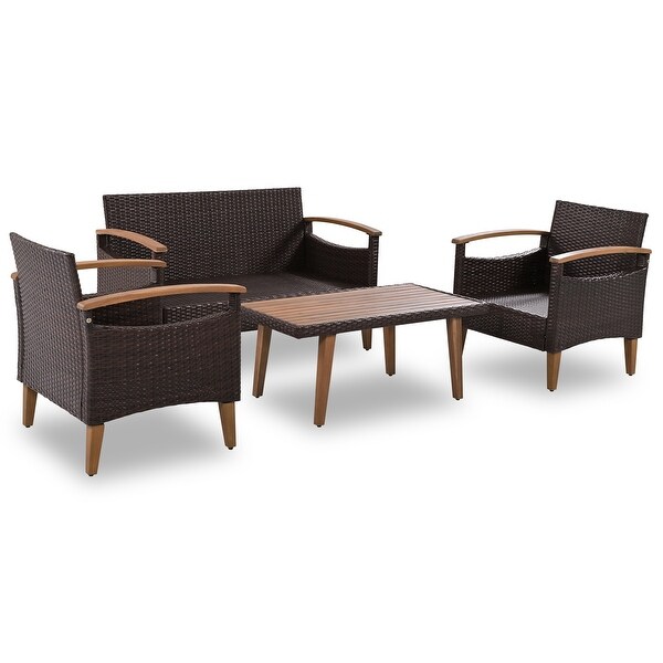 4-Piece PE Rattan Patio Sofa Set， Wood Table and Legs - Overstock - 37510667