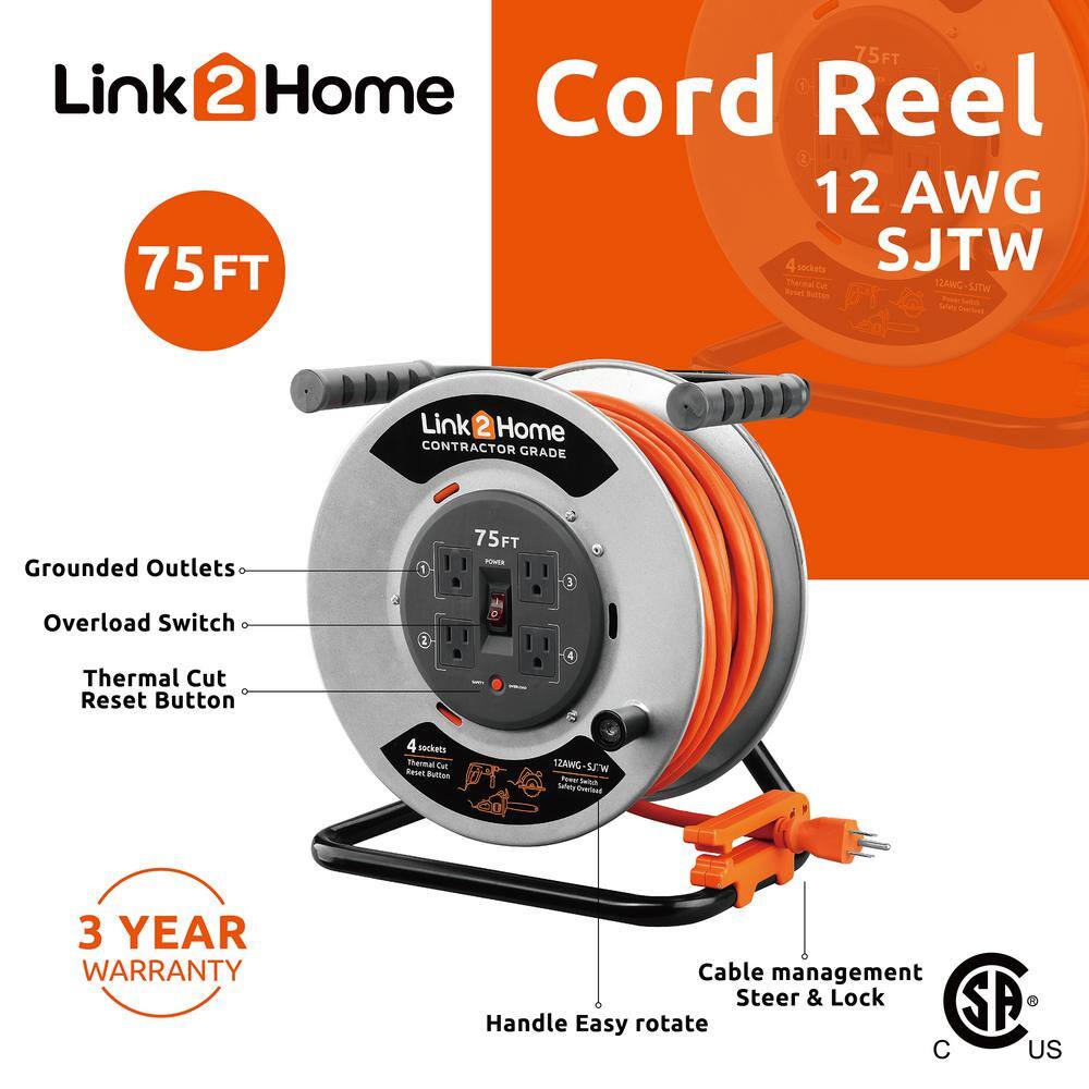 Link2Home 75 ft. 123 Extension Cord Storage Reel with 4 Grounded Outlets and Overload Protection EM-CG-750E