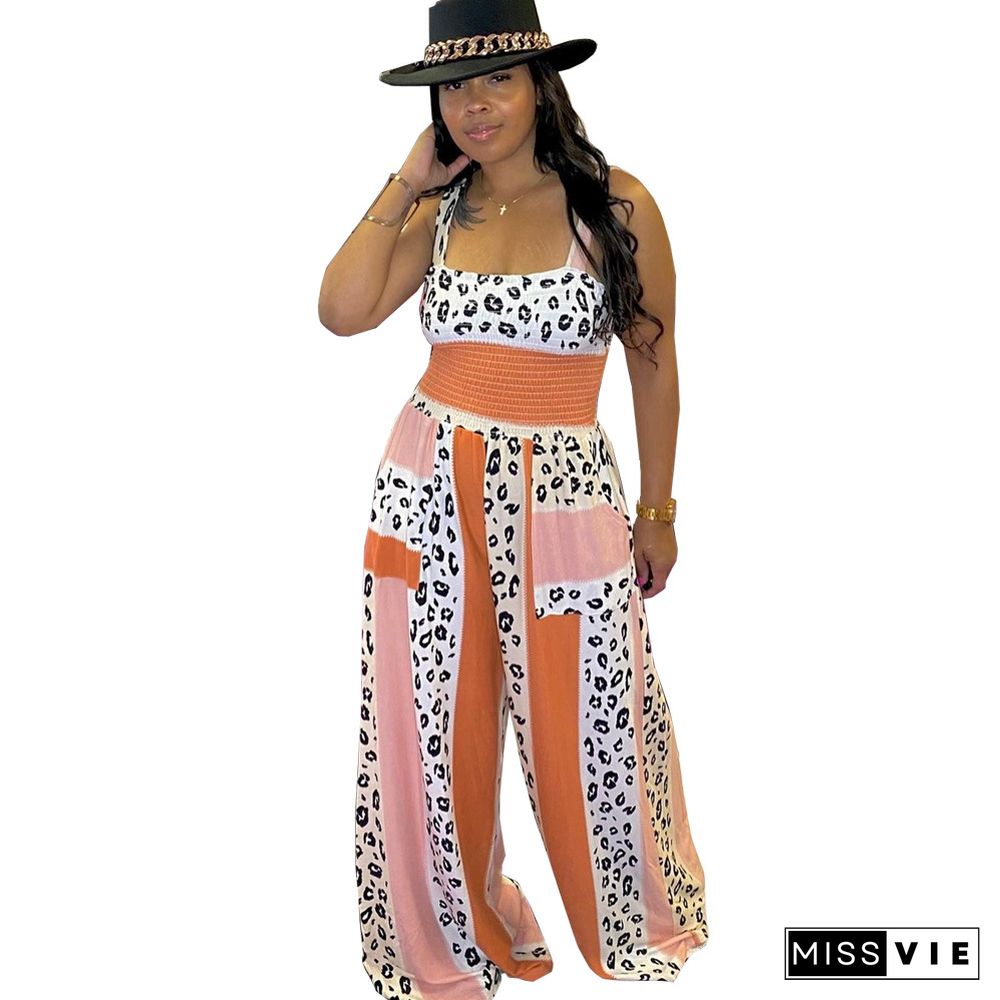 Fashion Leopard Stripe Print Sleeveless Pleated Summer Clothes Elastic Waist Wide Leg Jumpsuit