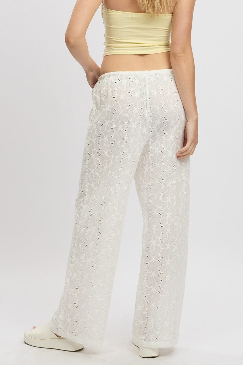 White Wide Leg Pants High Rise Eyelet Fabric