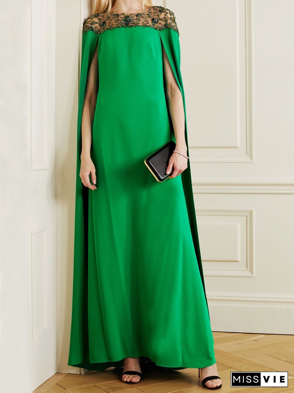 Women Embroidery Mesh Shoulder Green Formal Dress