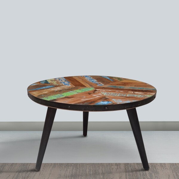 17 Inch Industrial Side Table， Reclaimed Wood， Round Multi Tone Top， Iron Trim， Brown， Black - 22 L x 22 W x 16.5 H Inches