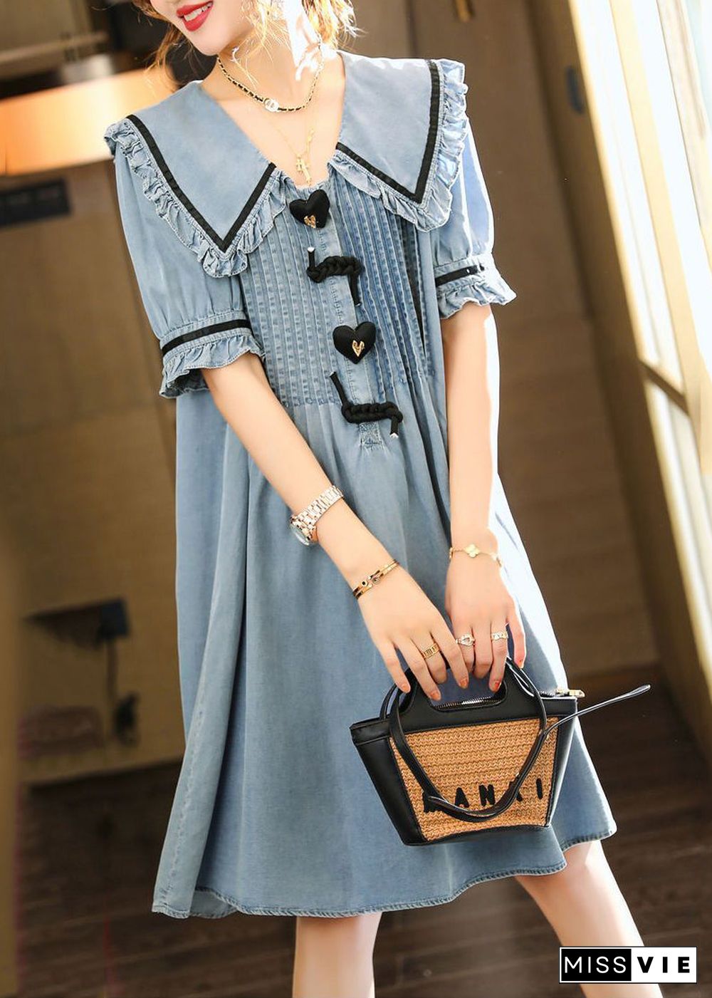 Cute Light Blue Peter Pan Collar Wrinkled Cotton Denim Dress Summer