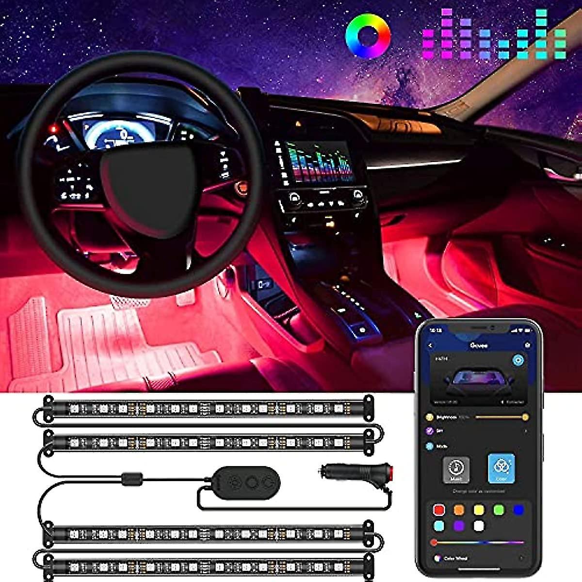 Car Led Strip Light  Interior Car Lights 2-line Design Waterproof 4pcs App Control Lighting Kit  Under Dash Rgb Car Lighting With Car Charger