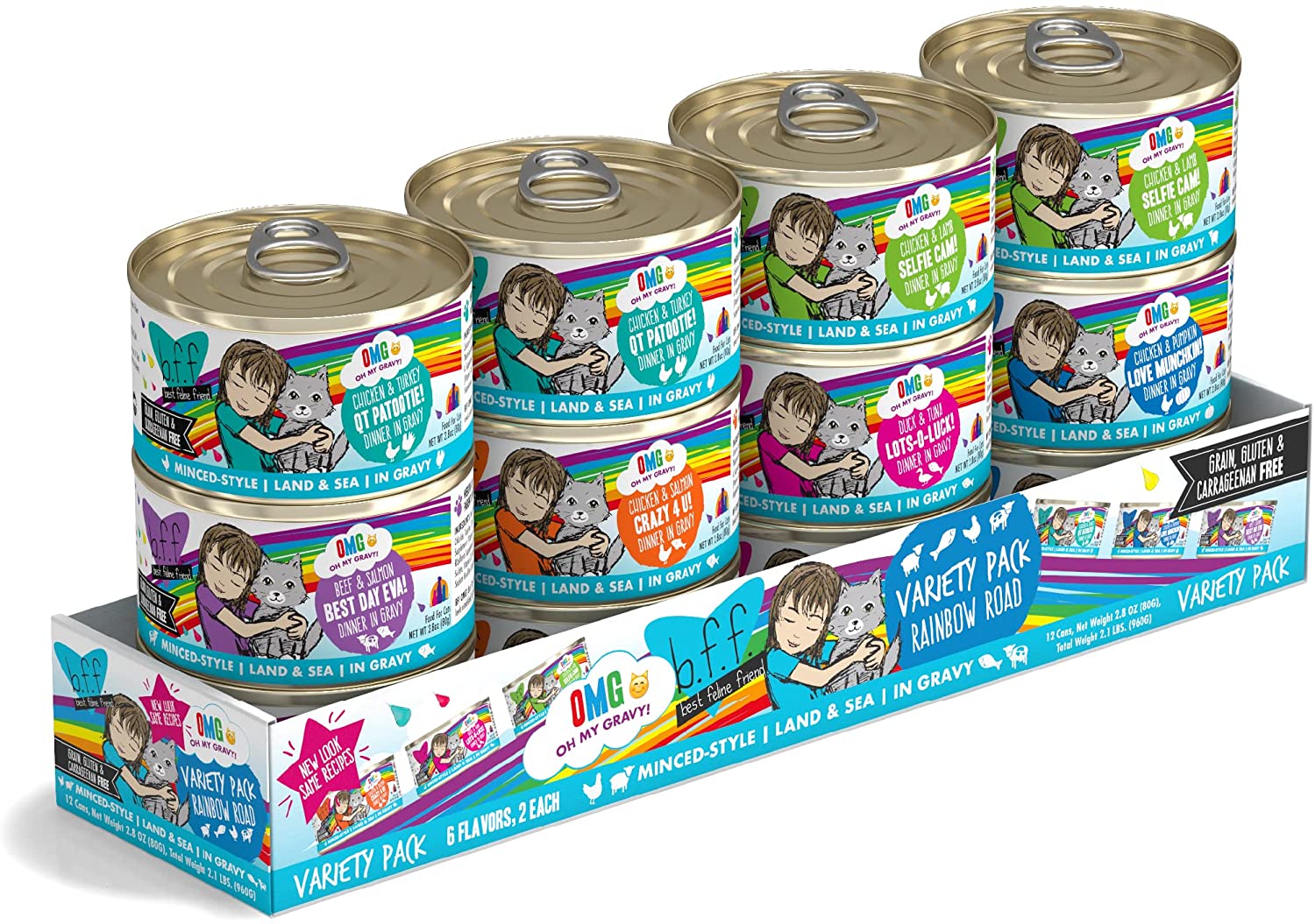 Weruva B.F.F. Omg - Best Feline Friend Oh My Gravy!， Variety Pack， Rainbow Road， Wet Cat Food By， 2.8Oz Cans (Pack Of 12)