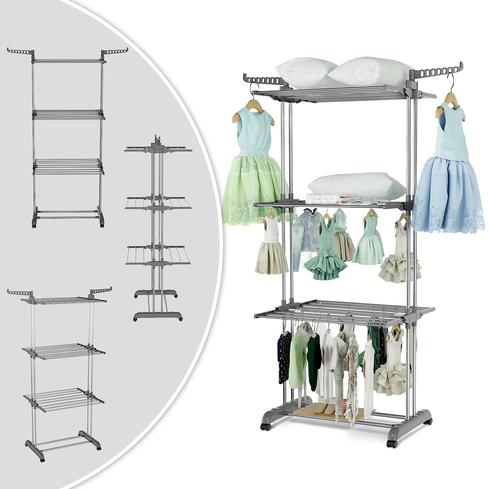 Bigzzia 3 Tiers Clothing Drying Rack,Stainless Steel Shoe Rack with Casters,Shelf for Storage,Stainless Steel Hanging Rods,Removable Drying Rack for Indoor and Outdoor Use,Gray.