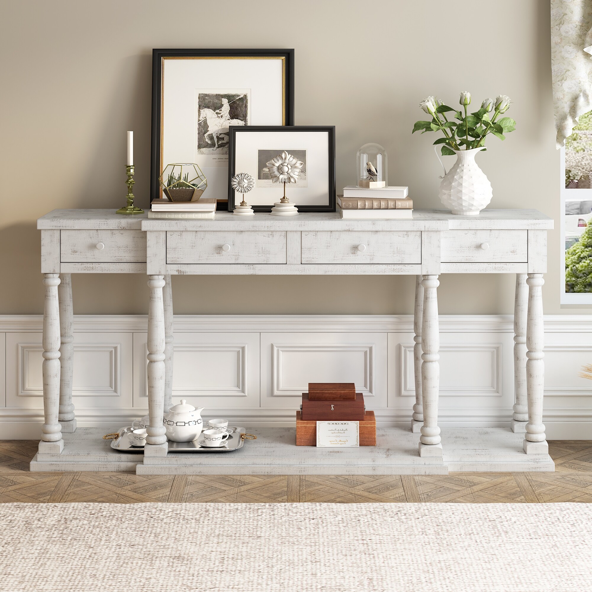 Console Table with 4 Front Facing Storage Drawers and 1 Shelf