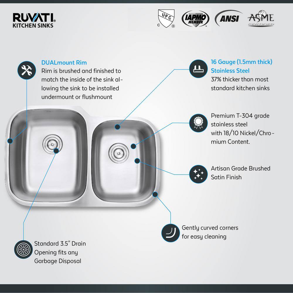 Ruvati 32 in. 6040 Undermount 16-Gauge Stainless Steel Double Bowl Kitchen Sink RVM4310