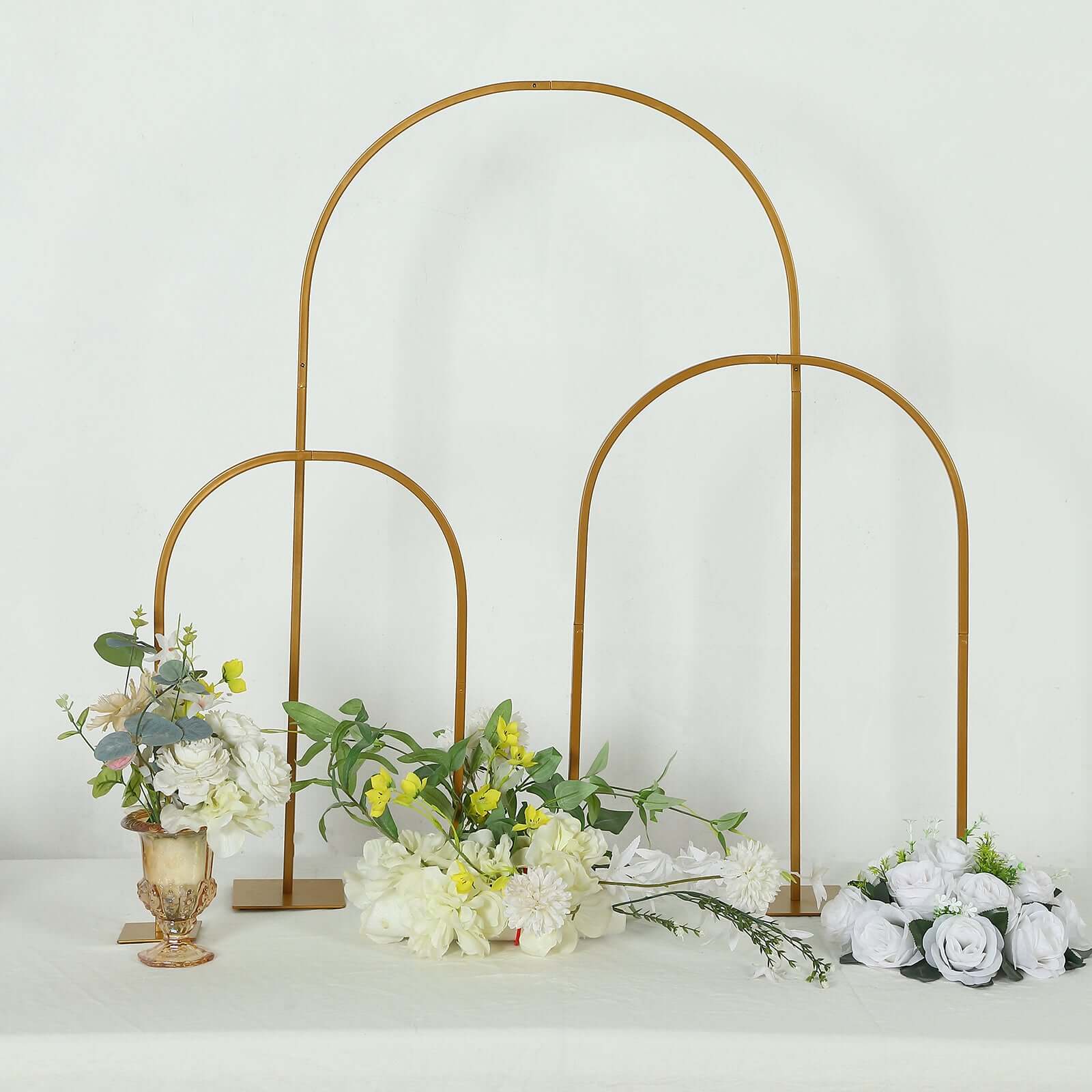 Set of 3 Gold Metal Wedding Cake Chiara Arch Table Centerpieces with Rounded Top, Flower Stand Frame with Detachable Base - 20