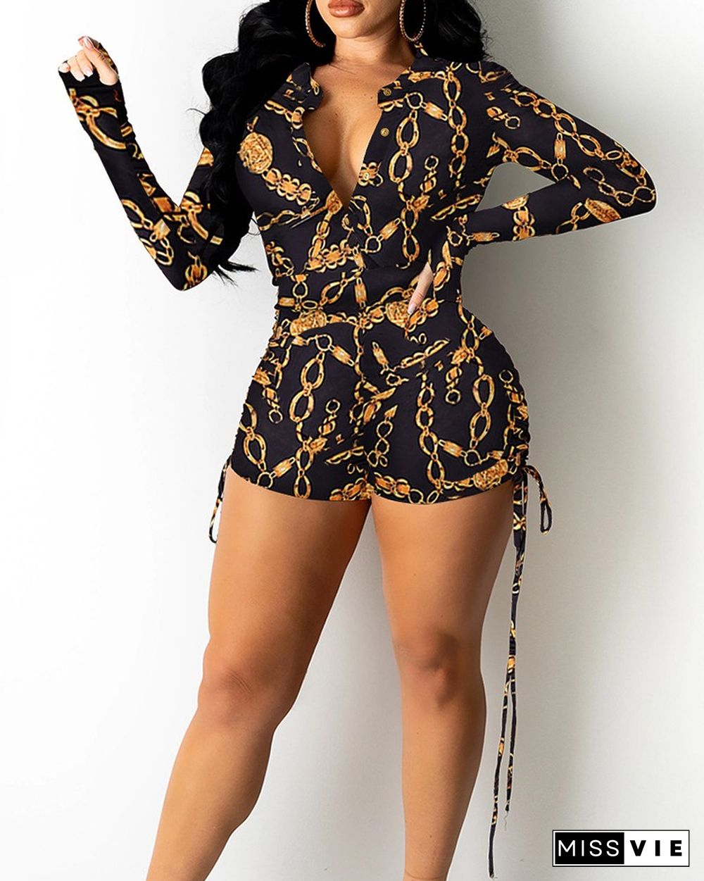 All Over Print Button Front Drawstring Ruched Romper