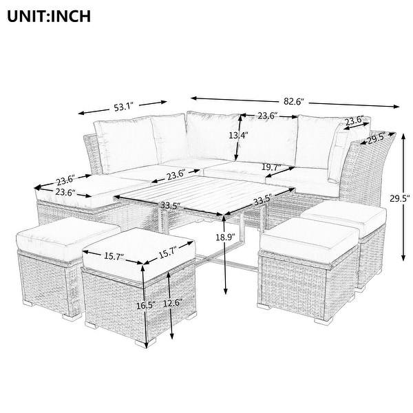 UStyle 9Piece Outdoor Conversation Set with Solid Wood Coffee Table，Ottomans，and Cushions