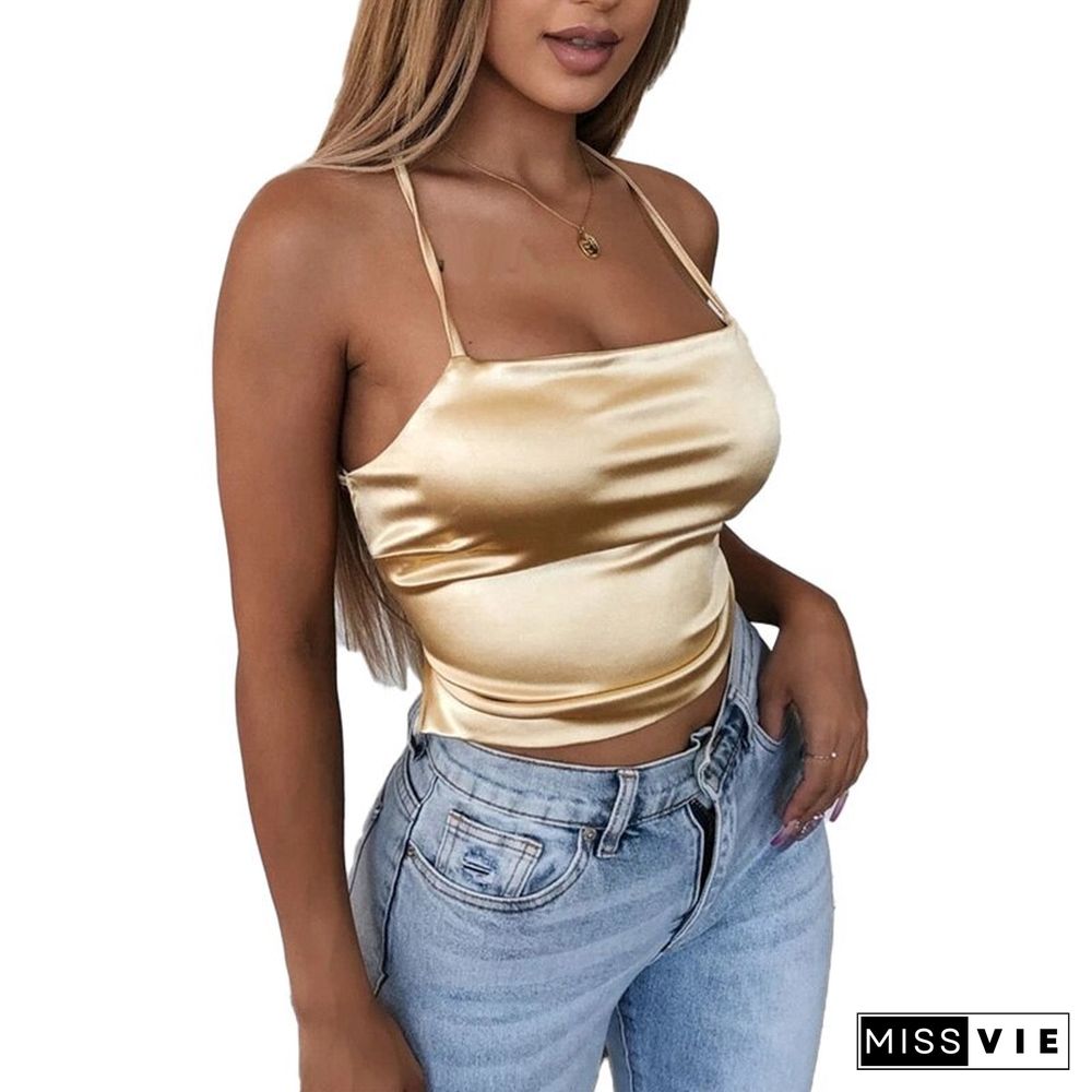 High Quality New Fashion Women Sexy Style Satin Silk Backless Back Bandage Vest Blouse Tops Strappy Summer Beach Cami Tank