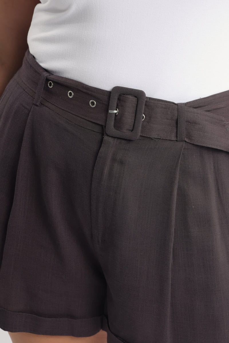 Brown Belted Linen Blend Shorts