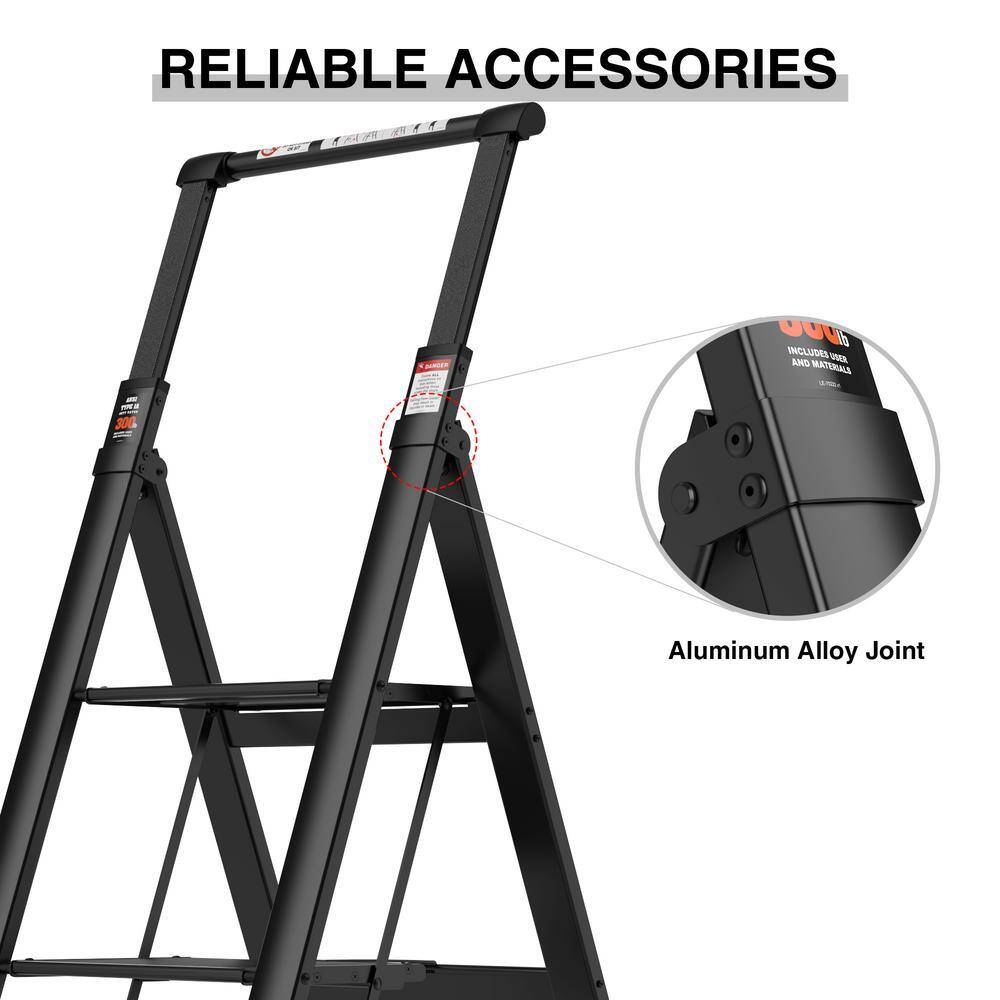 4-Step Retractable Handgrip Folding Aluminum Step Stool Ladder with Anti-Slip Wide Pedal 300 lbs. Household Ladder DATI-CYW1-909