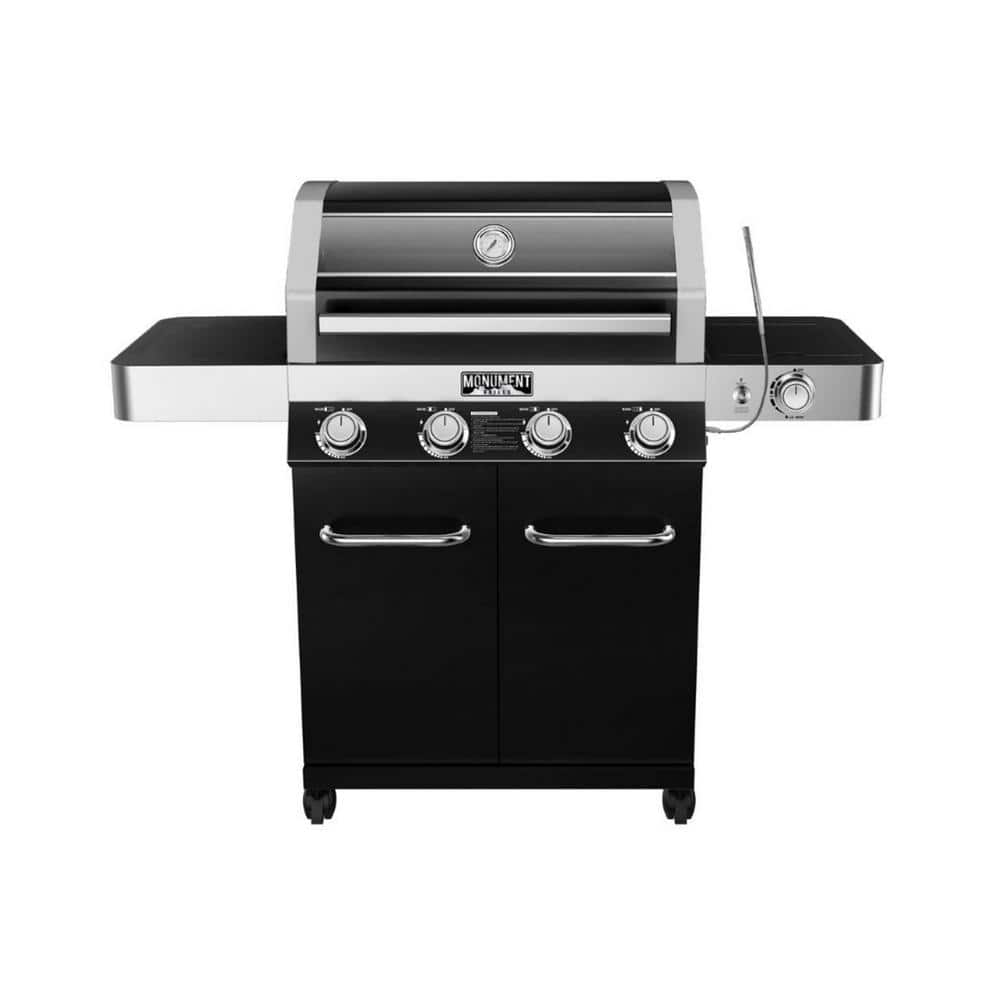 Monument Grills 4-Burner Propane Gas Grill in Black with ClearView Lid, LED Controls, Side Burner and USB Light 24633