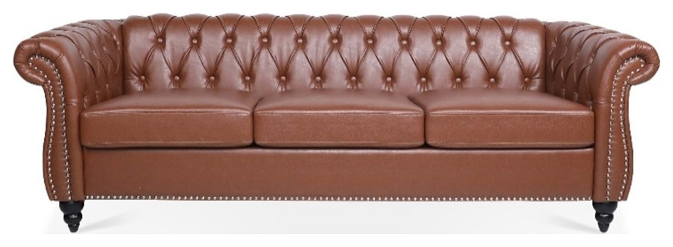 CRO Decor 84  x27BROWN PU Rolled Arm Chesterfield Three Seater Sofa Brown   Traditional   Sofas   by Homesquare  Houzz