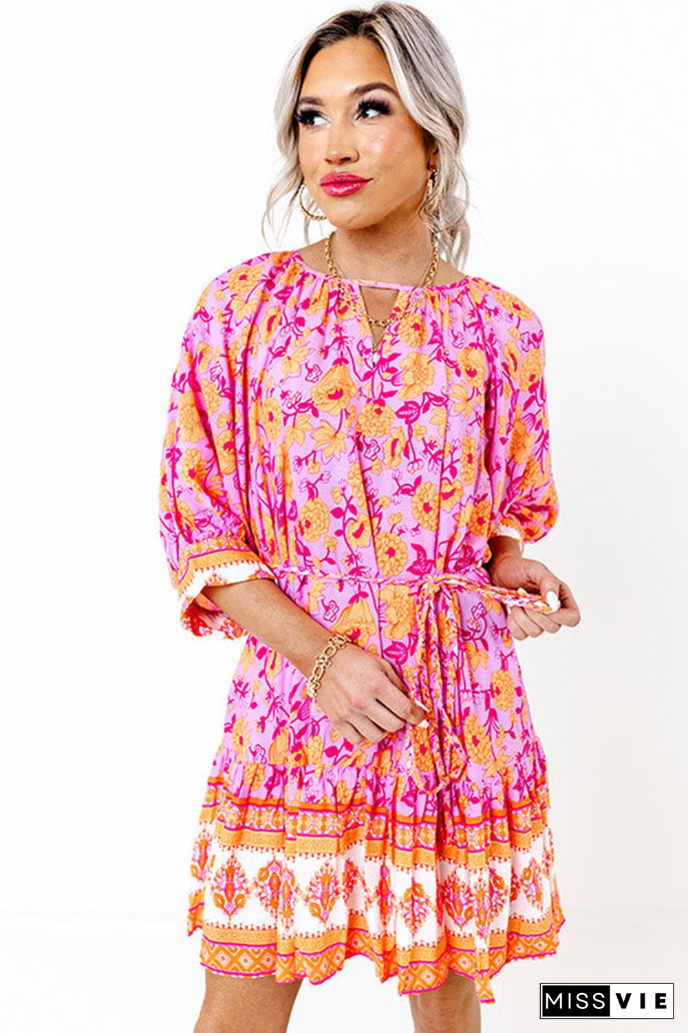 Red 3/4 Sleeve Boho Floral Belted Mini Dress