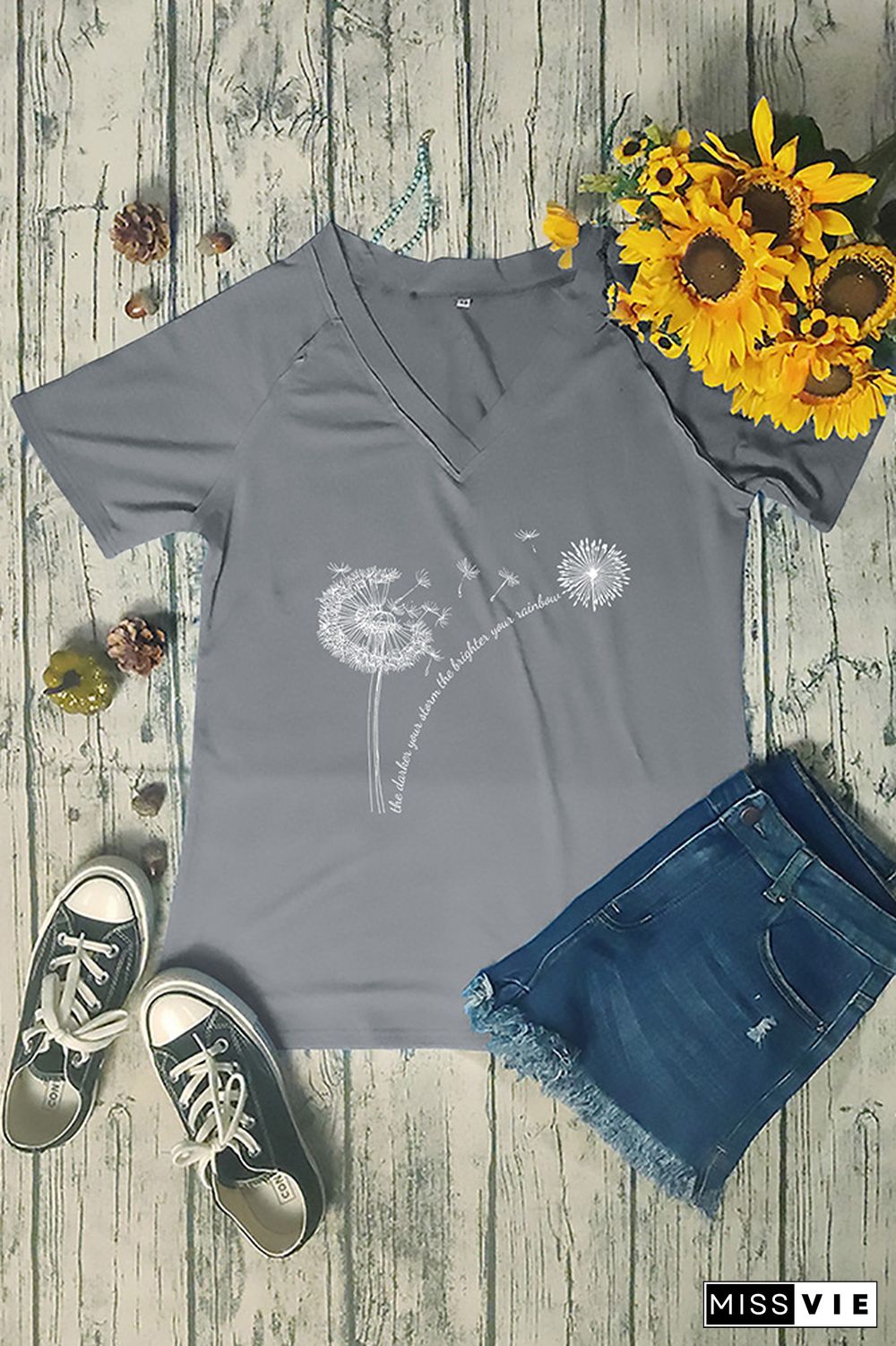 Dandelion Print V Neck Graphic Tee