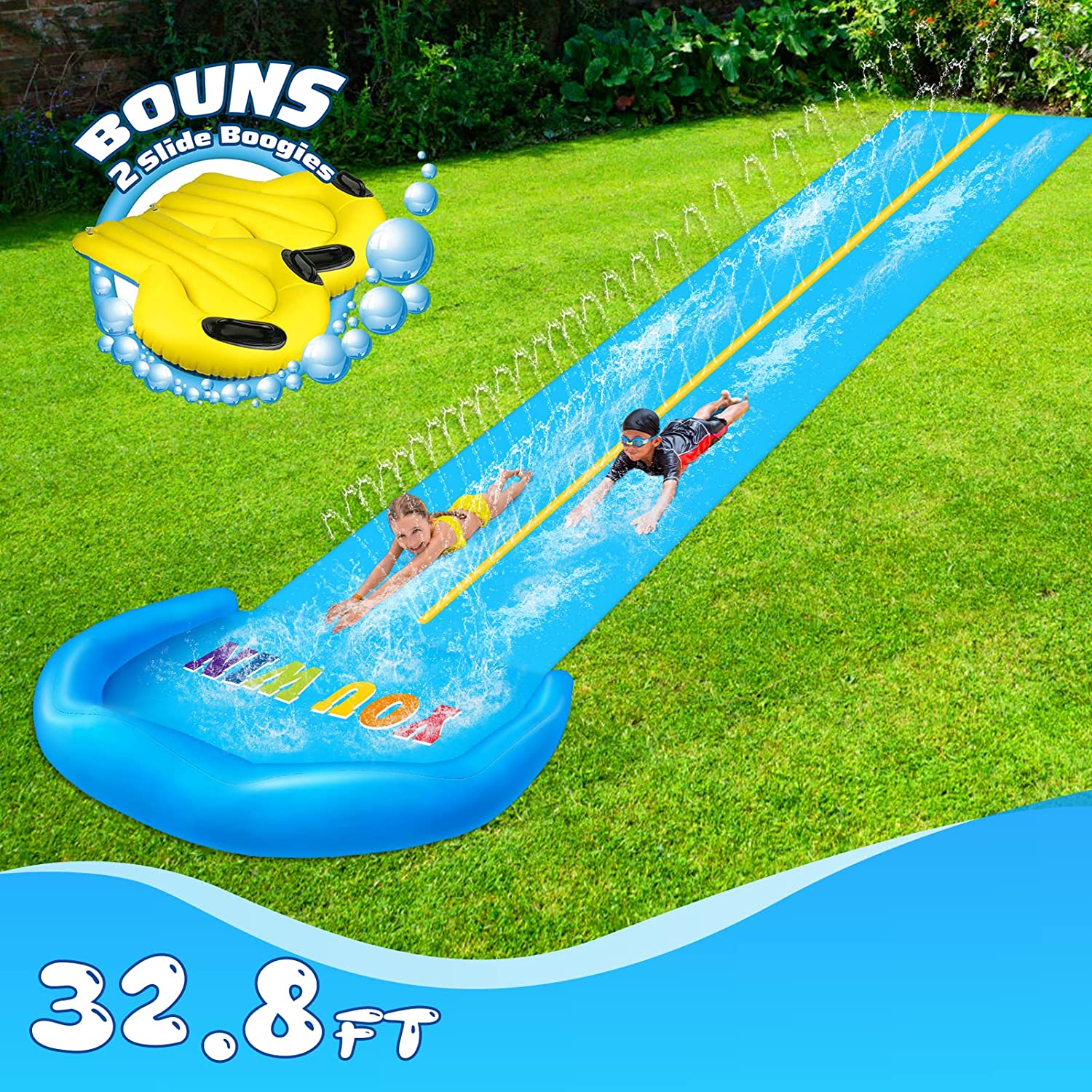 Terra Porch Water Slide, 32.8FT Water Slide for Kids with 2 Racing Lanes and 2 Bodyboards, Inflatable Splash Water Slip Outdoor Summer Water Toys