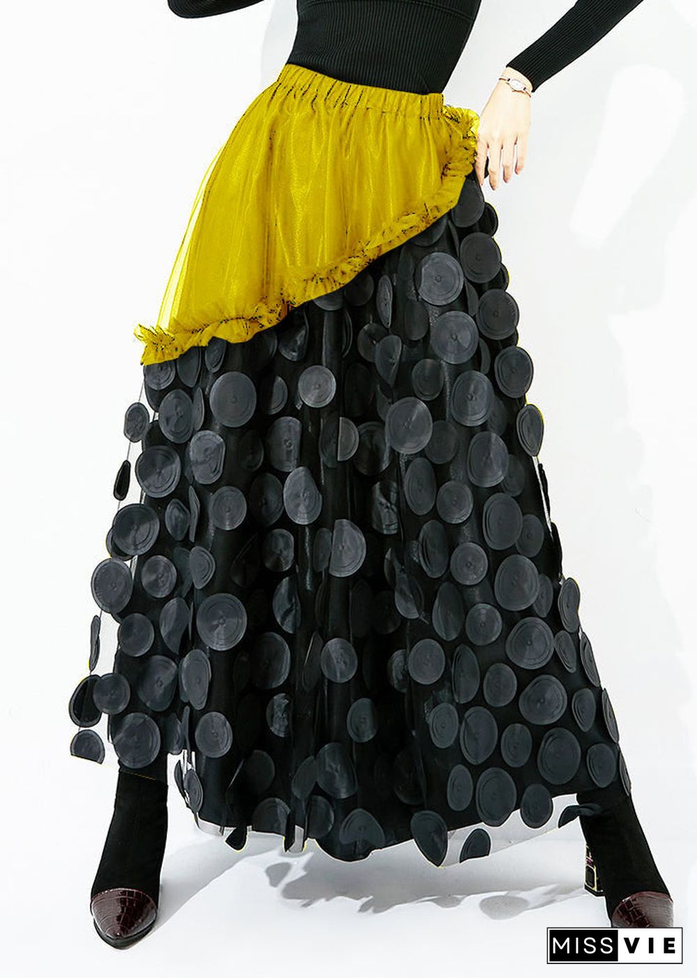 Original Design Black Elastic Waist Patchwork Wrinkled Tulle Skirt Summer