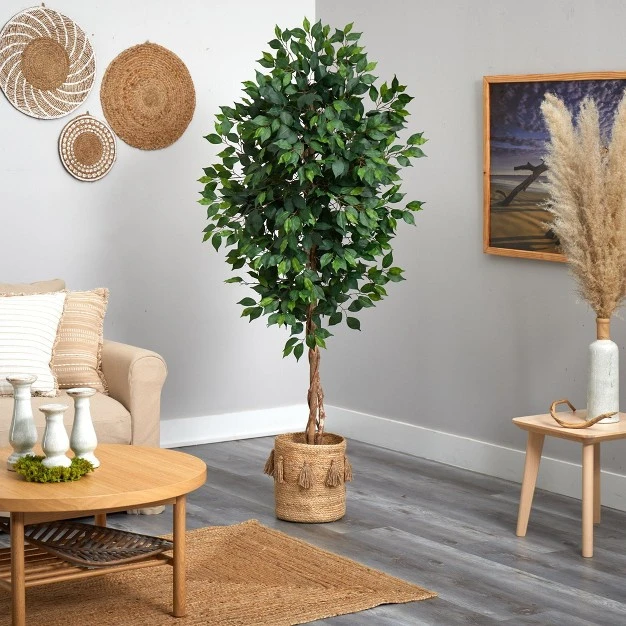 Nearly Natural 6-ft Ficus Artificial Tree With Natural Trunk In Handmade Natural Jute Planter With Tassels