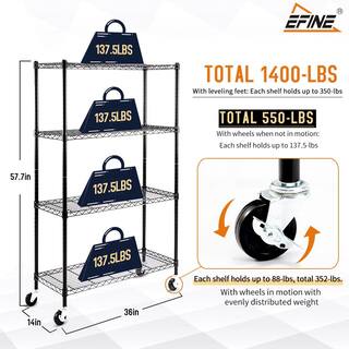 EFINE Black 4-Tier Rolling Heavy Duty Metal Wire Storage Shelving Unit Casters 1 in. Pole (36 in. W x 57.7 in. H x 14 in. D) RL33653