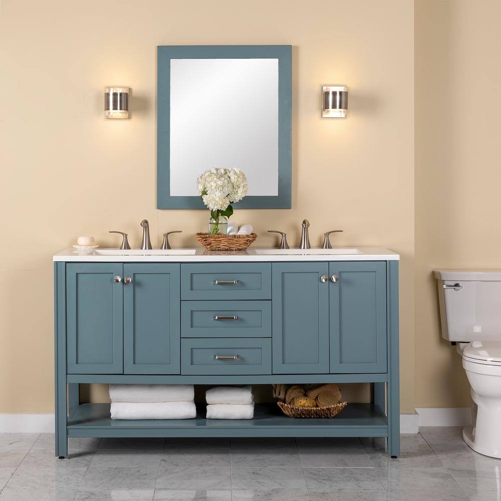 Home Decorators Collection Northwind 60.25 in. W x 18.75 in. D Bath Vanity in Sage with Cultured Marble Vanity Top in White with Integrated Sinks B60X20136