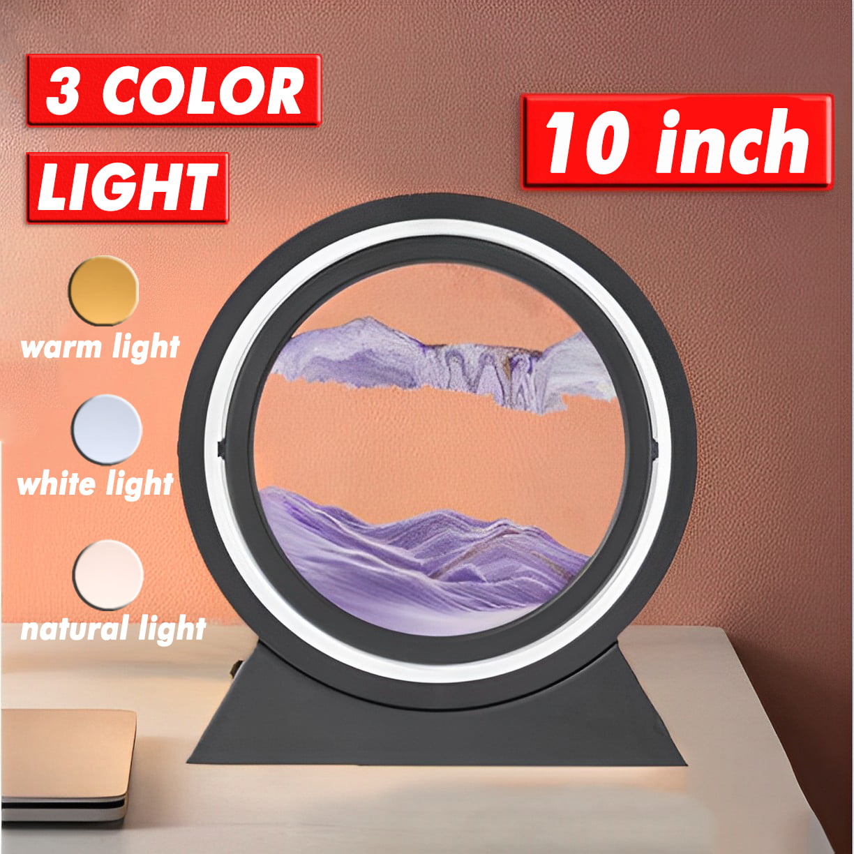 Moving Sand Art Lamp , Tanbaby 10 inch Round Glass 3D Deep Sea Sandscape in Motion Display Flowing Sand Frame Relaxing Desktop Home Office Work Decor (10