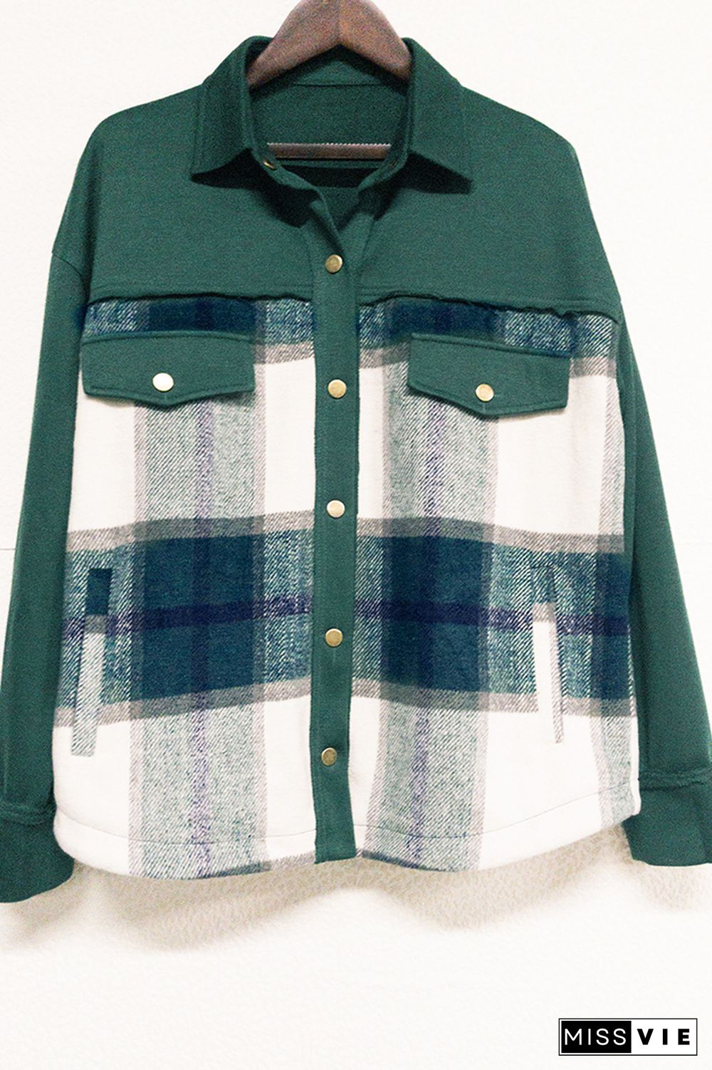 Green Snap Button Splicing Plaid Jackets