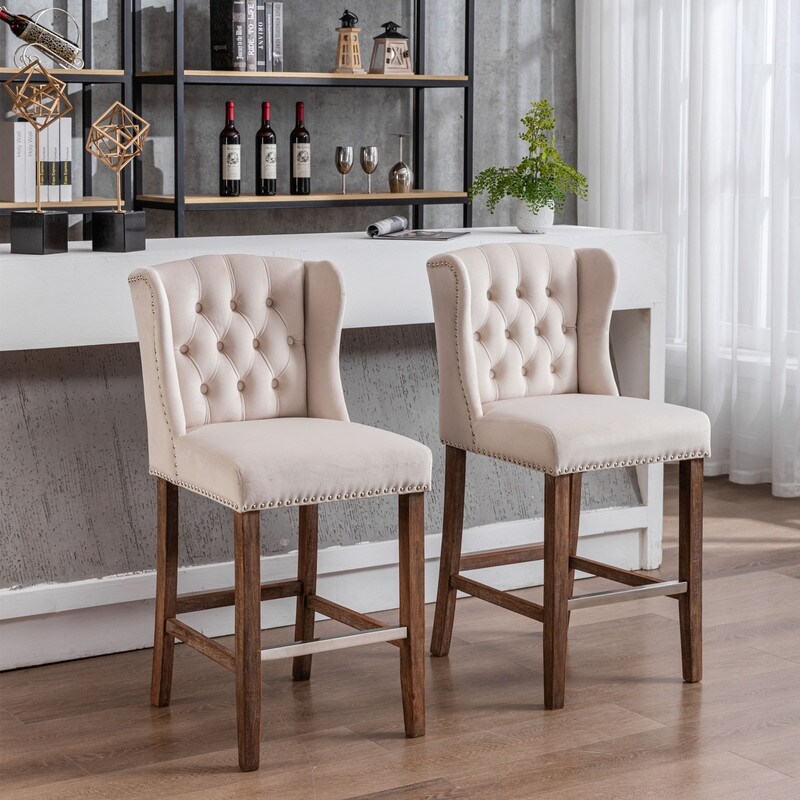 Upholstered Bar Stools with Wingback and Nailhead Trim Beige   Set of 2