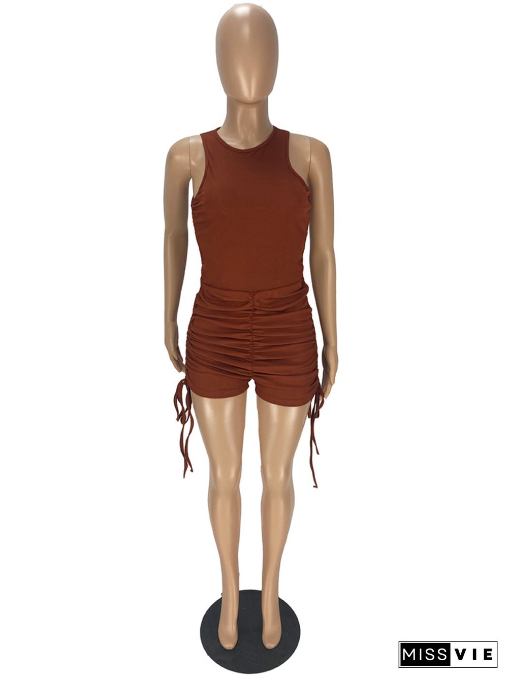 Drawstring Sleeveless O Neck Ruched Bodycon Rompers