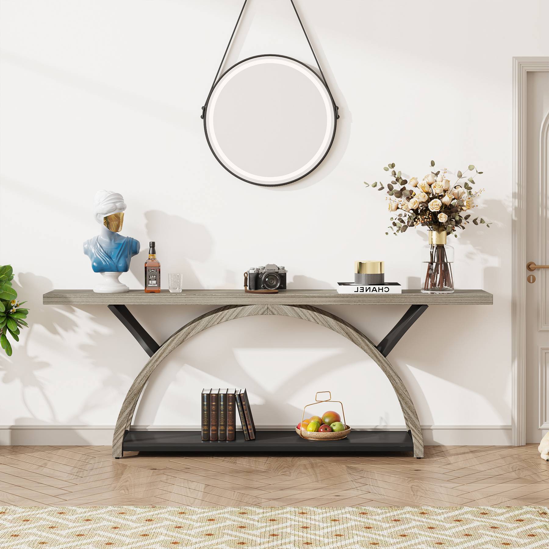 2-Tier Console Table, 70.9 Entryway Table with Half Moon Frame