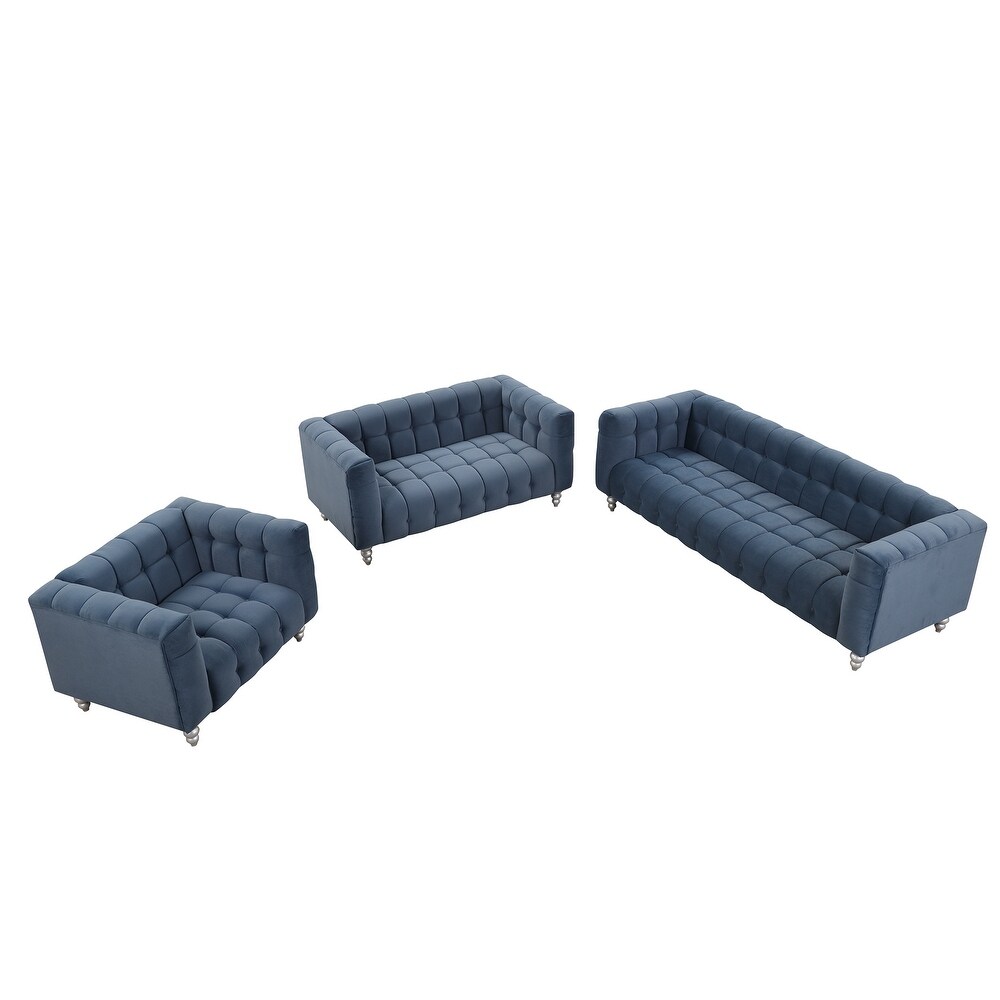 3 piece sofa set with solid wood legs  buttoned tufted backrest  Dutch fleece upholstered sofa set including three seater sofa