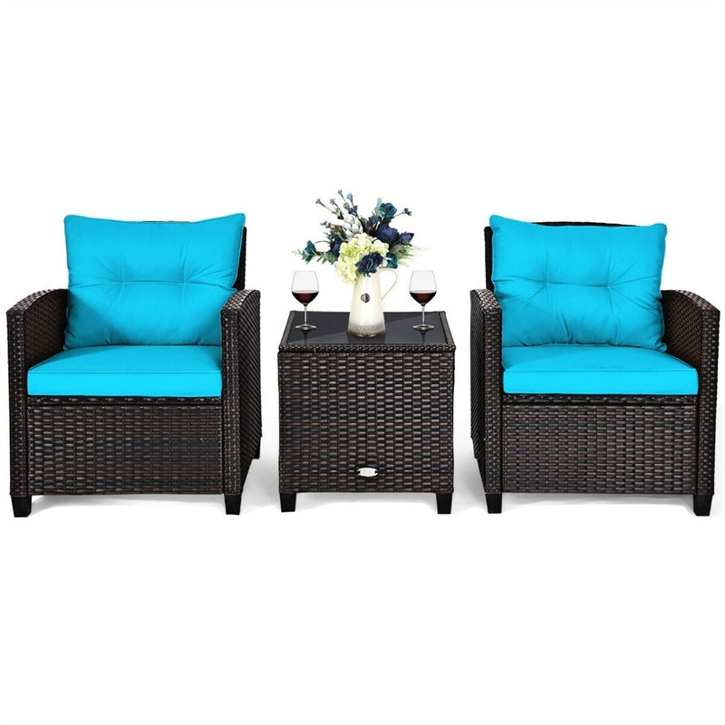 3 Pieces Patio Rattan Furniture Set Outdoor Wicker Conversation Set with Washable Cushion and Coffee Table