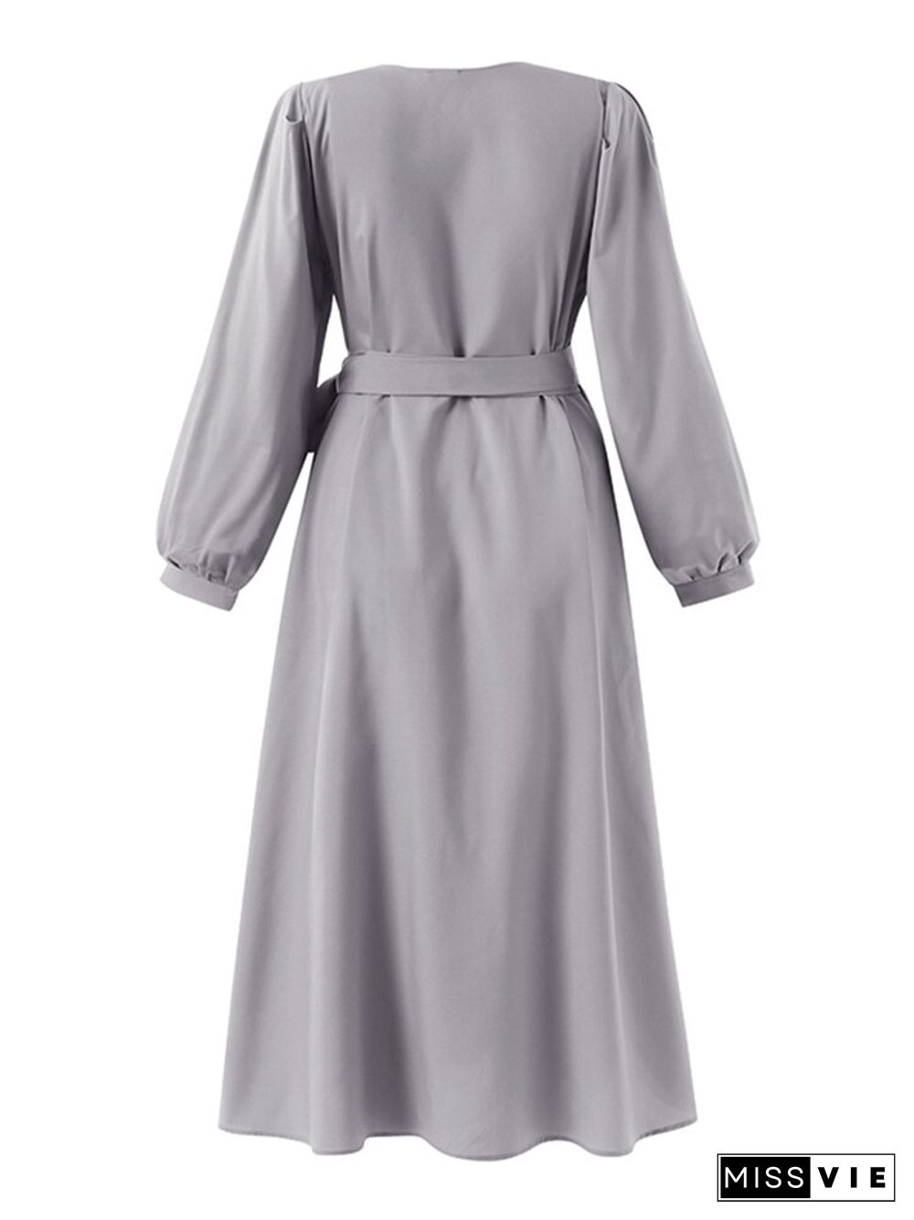 Solid Pleating Tie Up Puff Sleeve V Neck Midi Dresses