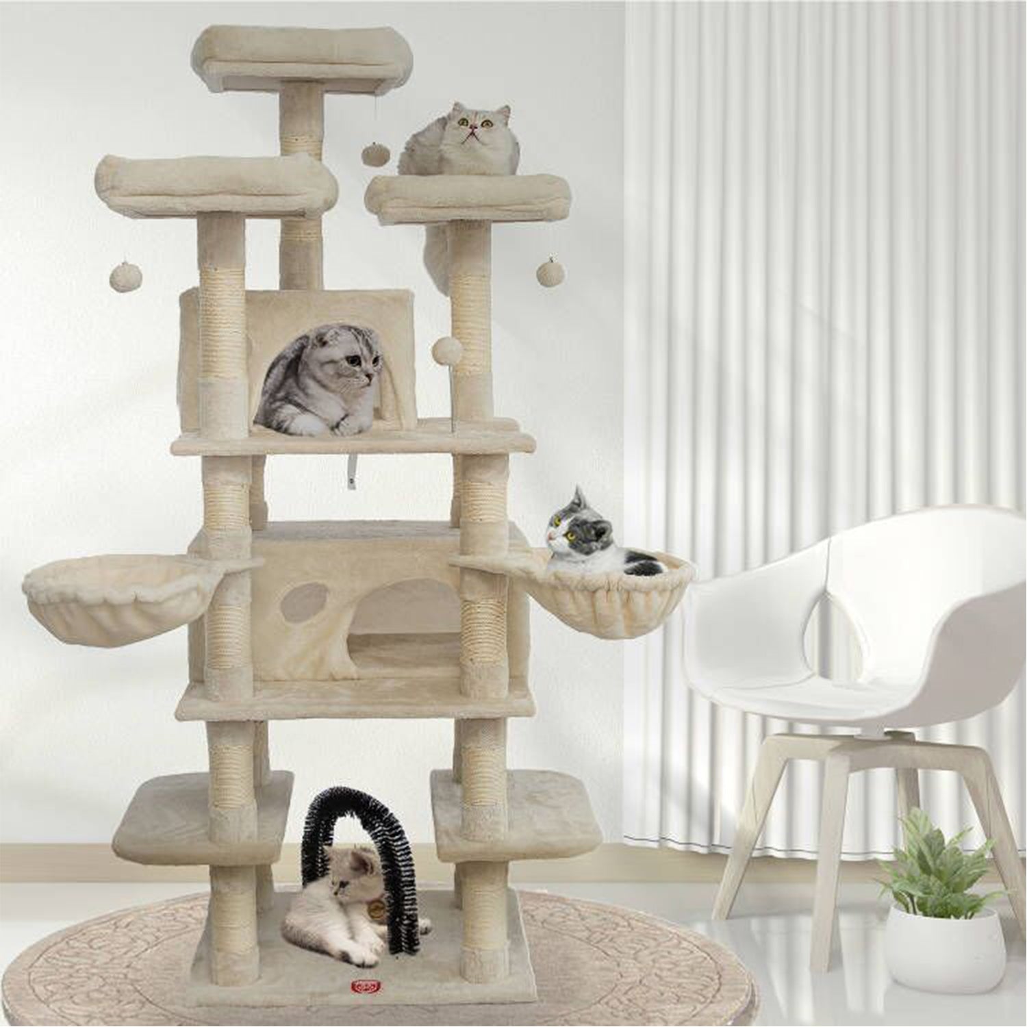 68 Inches Multi-Level Cat Tree Large,Big Cat Tower with Sisal Scratching Posts,Grooming Arch,Cozy Plush Cat Perches and Hammocks,Cat Activity Center Cat Condo Play House (Beige)