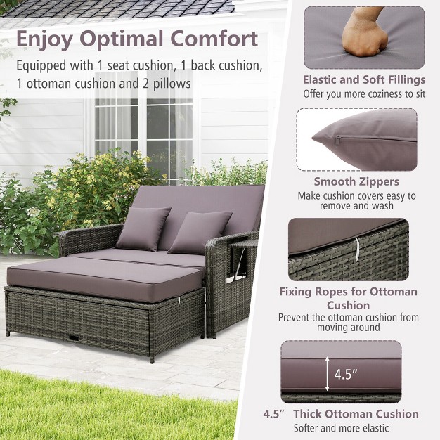 Tangkula Patio Daybed Set Rattan Loveseat Sofa Set W Adjustable Backrest Gray Cushions