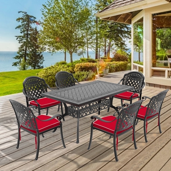 5/7Piece Cast Aluminum Outdoor Dining Set with 59.06'' L X 35.43'' W Rectangular Table and Random Color Seat Cushions