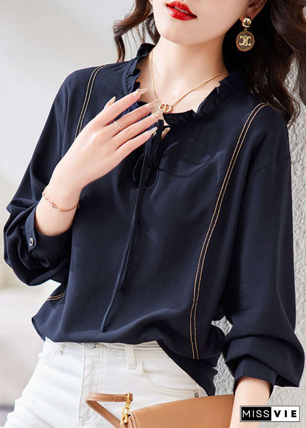 Chic Navy Neck Tie Patchwork Chiffon Shirt Long Sleeve